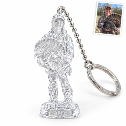 Crystal-style woman turkey hunter keychain, AMY