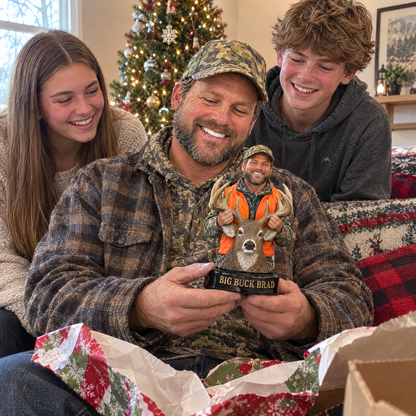 Kids give dad deer hunter figurine at Christmas