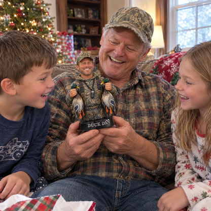 Grandpa shows duck hunter figurine to grandkids at Christmas