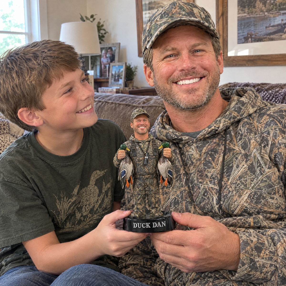 Son gives dad duck hunter figurine on Father's Day