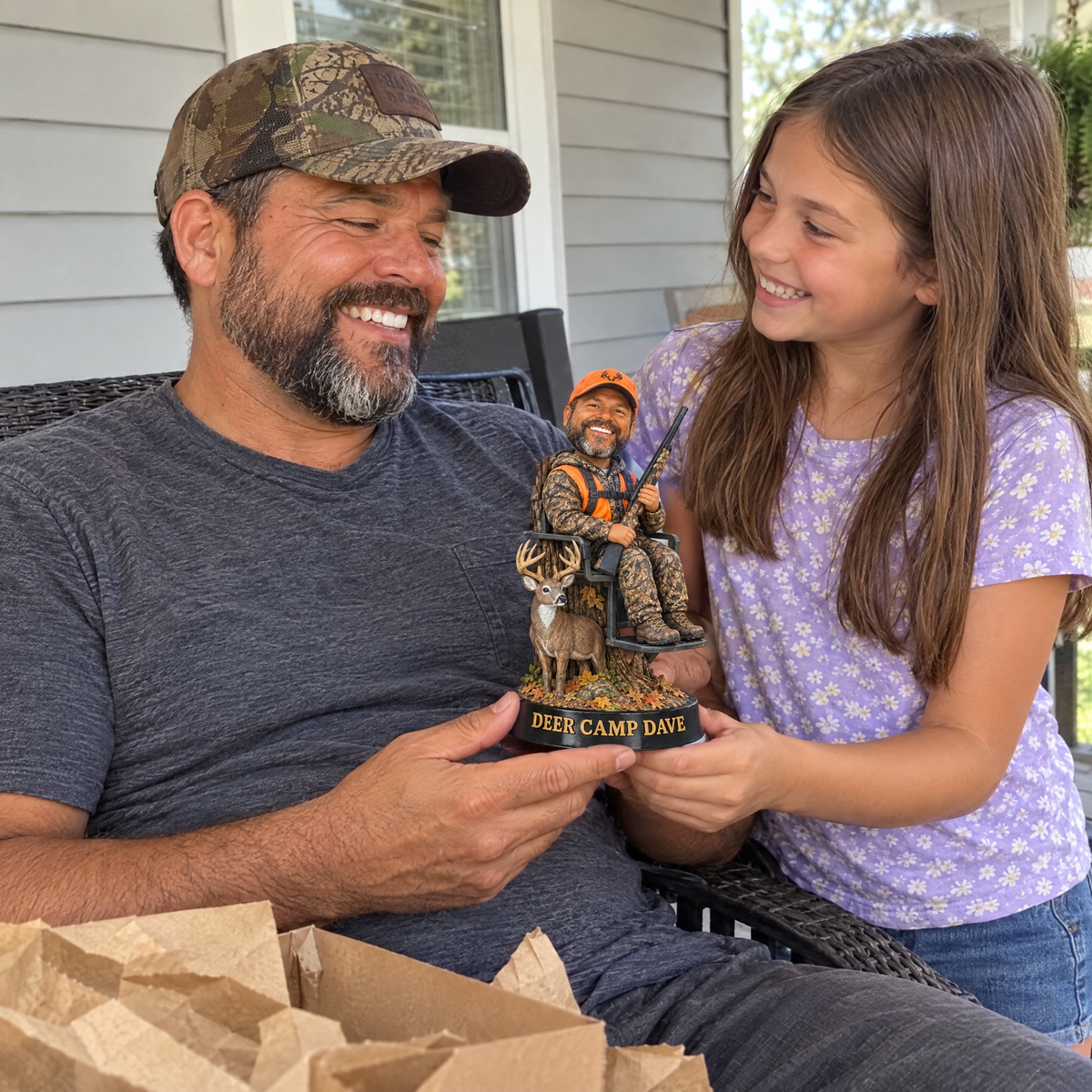 Daughter gives dad caricature hunting figurine on Father's Day