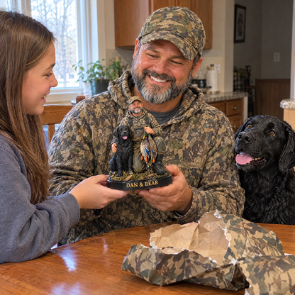 Daughter gives dad hunter and dog figurine on his birthday
