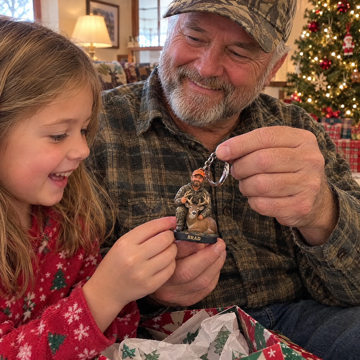 Grandpa shows deer hunter keychain at Christmas
