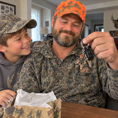 Son gives dad deer hunter keychain on Father's Day