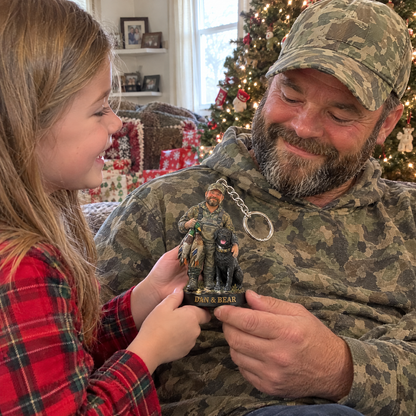 Daughter gives dad hunter and dog keychain at Christmas