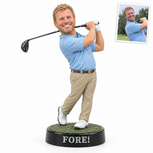 Golf swing photo figurine, FORE!, customer photo top right
