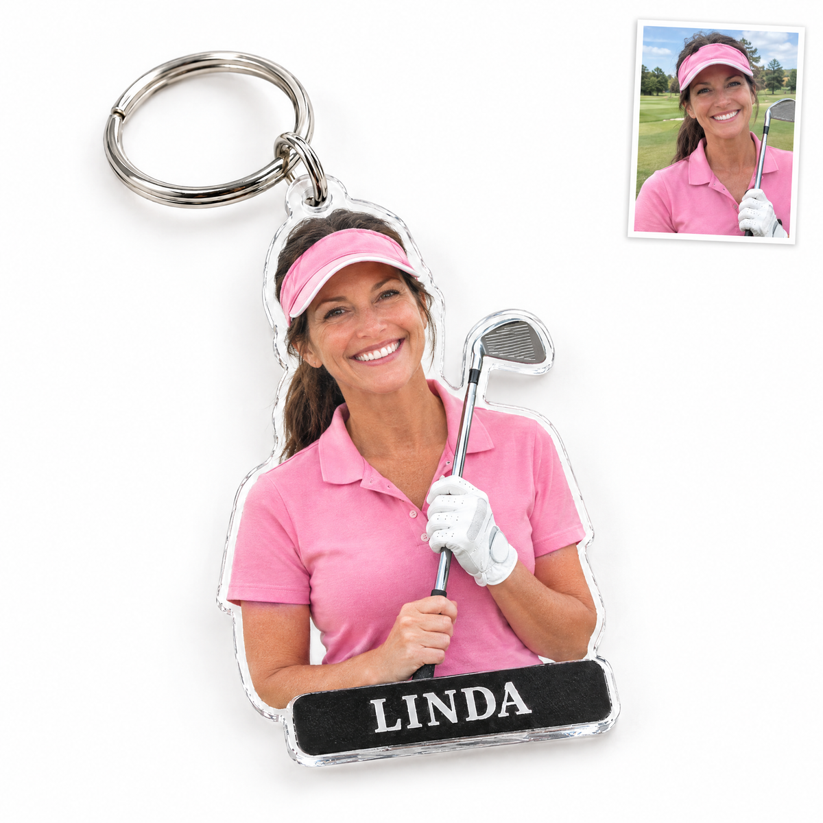 Acrylic keychain: Golfer photo figurine, LINDA