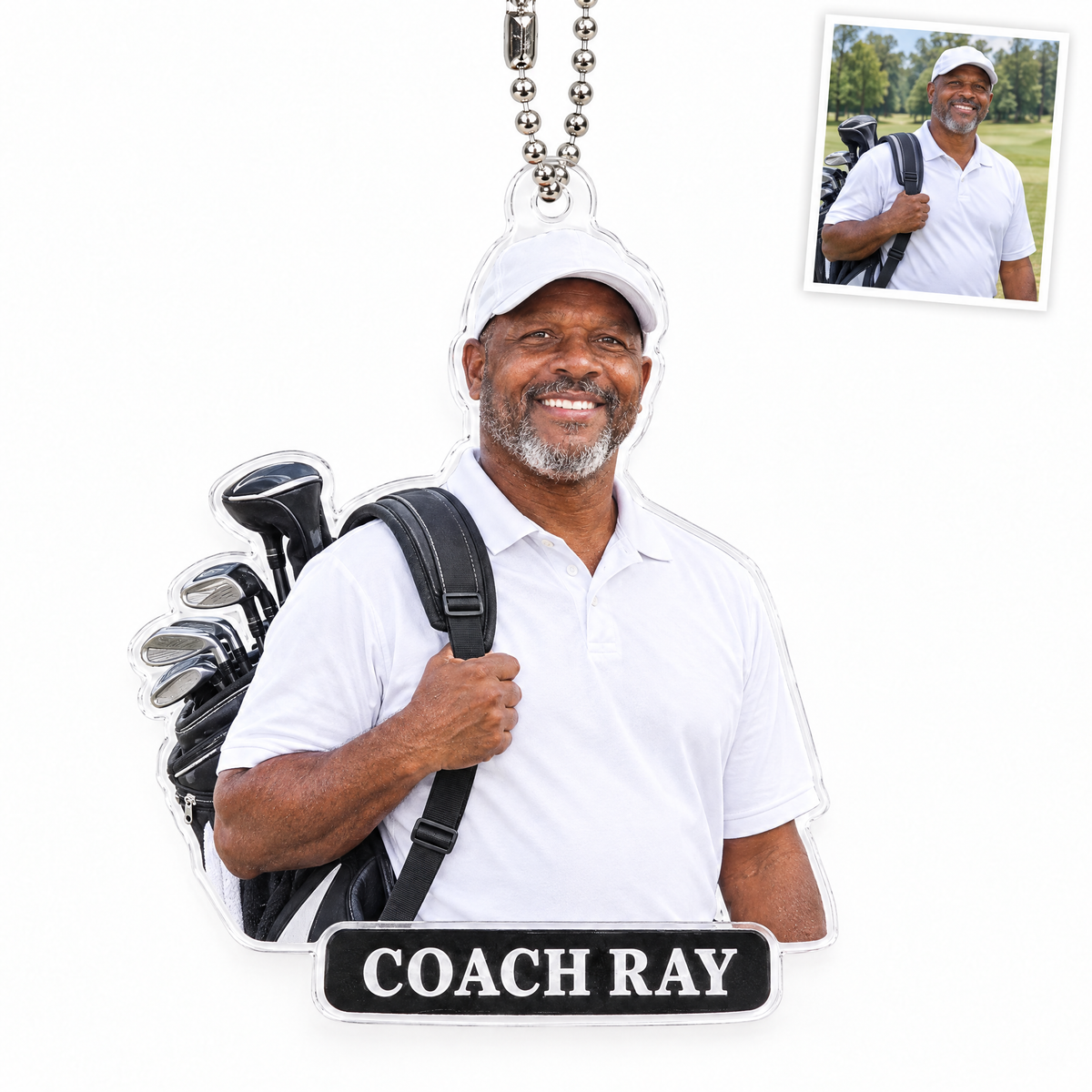 Acrylic car charm: Golfer photo figurine, COACH RAY