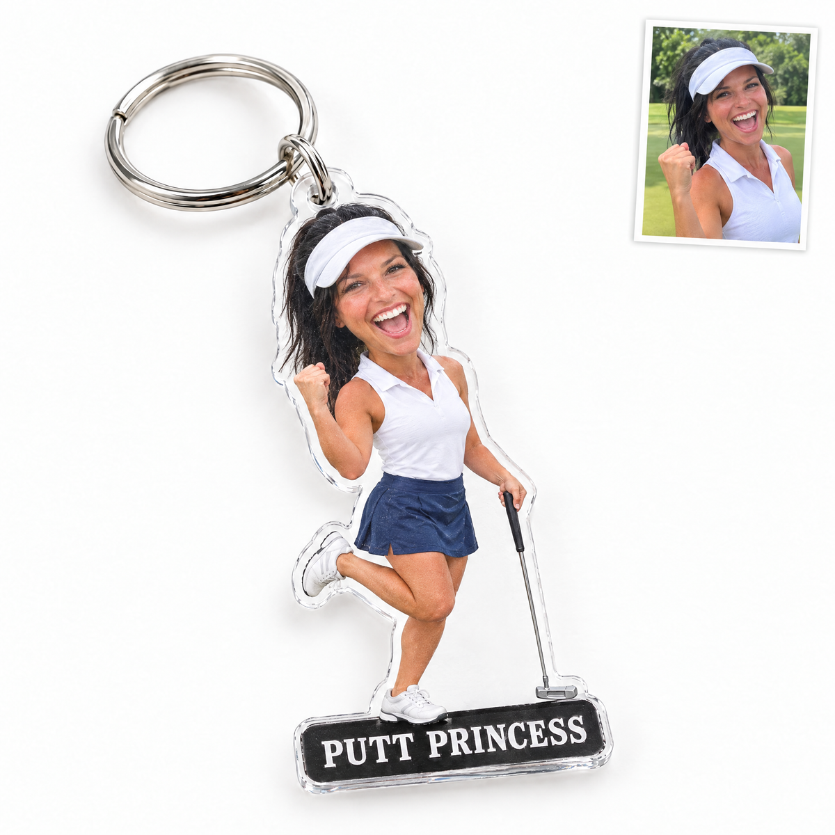 Acrylic keychain: Funny big-head golfer figurine, PUTT PRINCESS