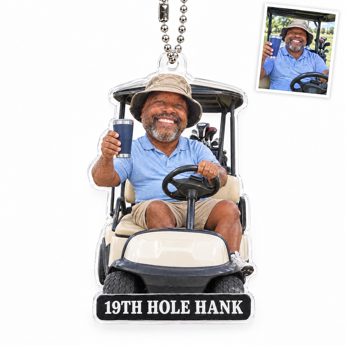 Acrylic car charm: Funny big-head golfer figurine, 19TH HOLE HANK