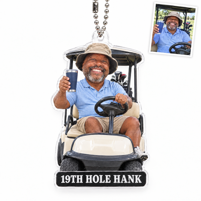 Acrylic car charm: Funny big-head golfer figurine, 19TH HOLE HANK
