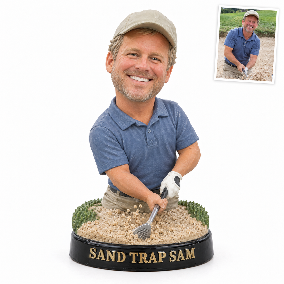 Funny big-head golfer figurine, SAND TRAP SAM