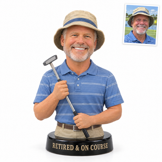 Retired golfer photo figurine, RETIRED & ON COURSE, customer photo top right