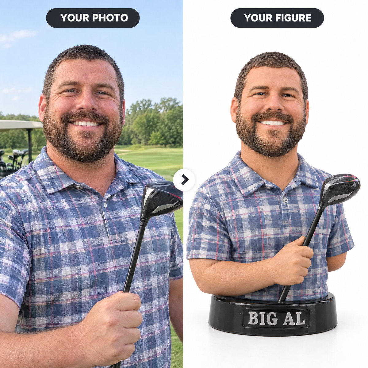 Customer photo turned into funny big-head golfer figurine BIG AL
