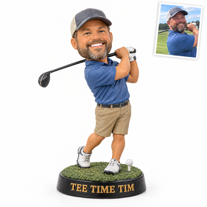 Style 1: Caricature golf figurine, TEE TIME TIM, customer photo top right