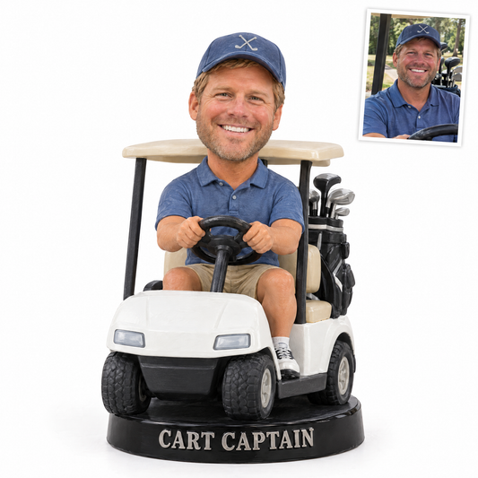 Golf cart photo figurine, CART CAPTAIN, customer photo top right