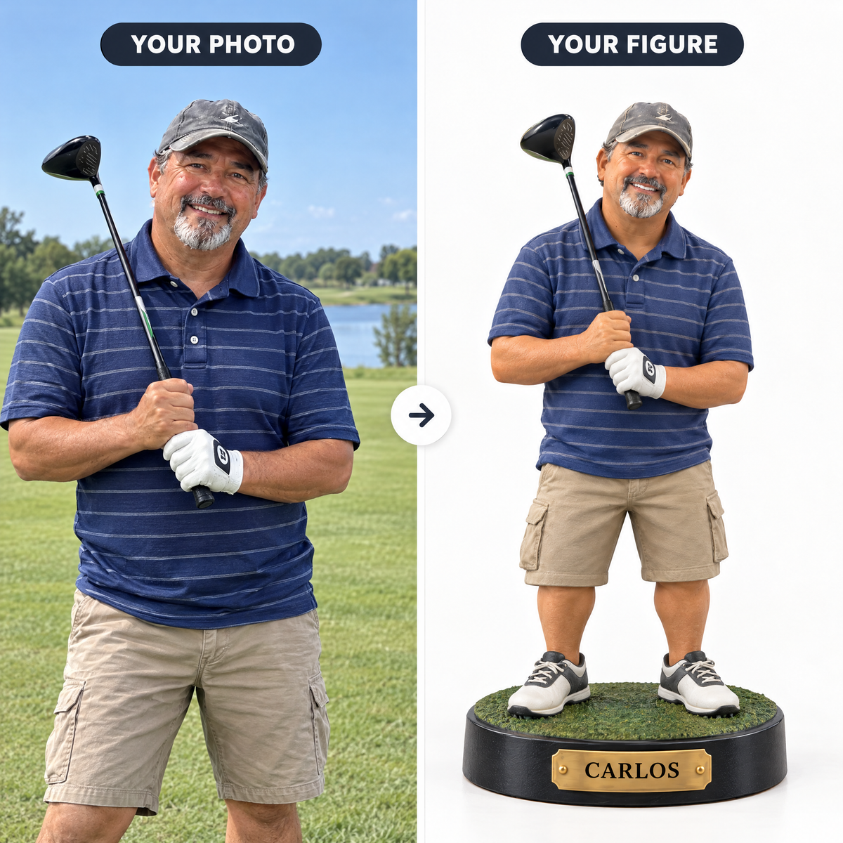 Customer photo turned into realistic golfer figurine CARLOS
