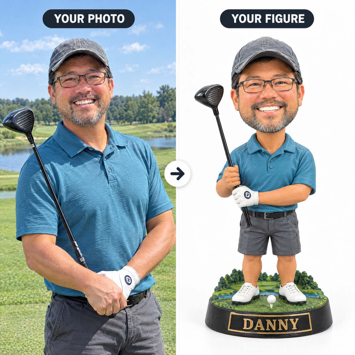 Customer photo turned into caricature golf figurine DANNY