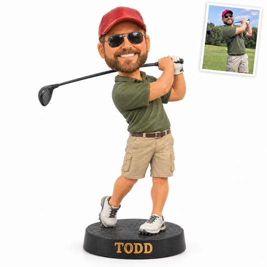 Cartoon golfer figurine, TODD, customer photo top right