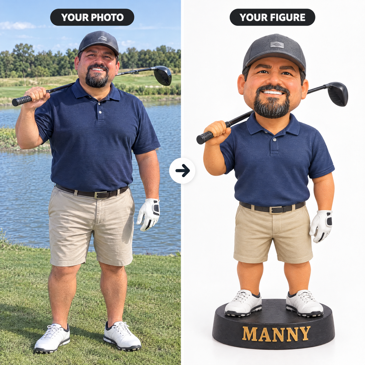 Customer photo turned into cartoon golfer figurine MANNY