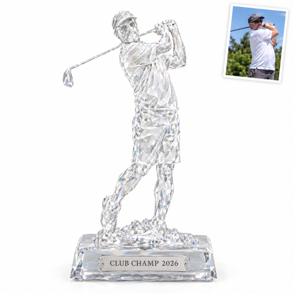 Crystal-style golf statue, CLUB CHAMP 2026, customer photo top right