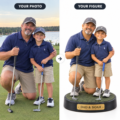 Customer photo turned into father and son golf figurine DAD & NOAH