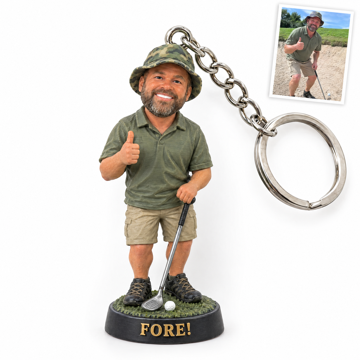 Golfer figurine keychain, FORE!