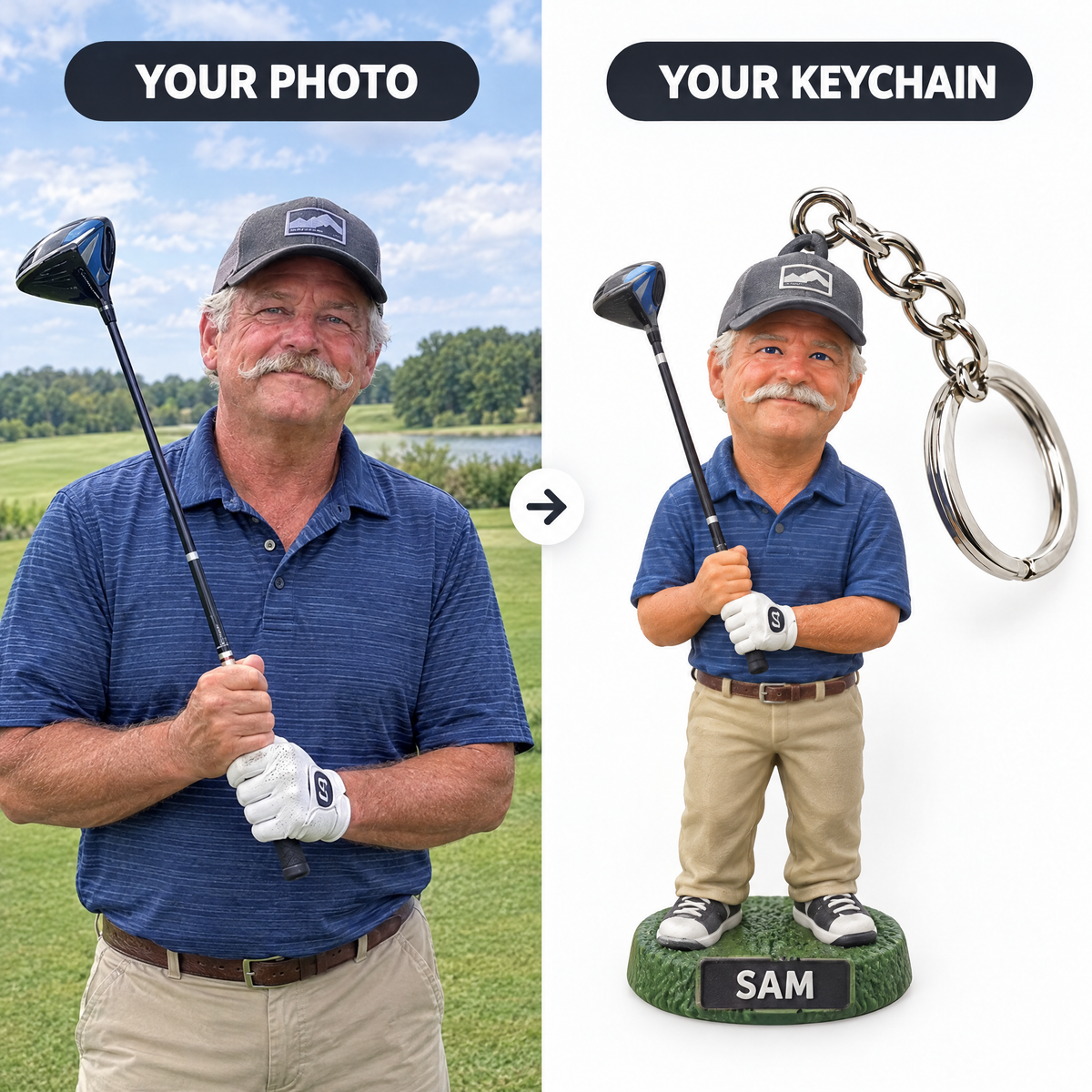 Customer photo turned into golfer figurine keychain SAM