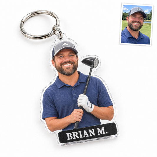 Golf bag tag keychain, BRIAN M., customer photo top right