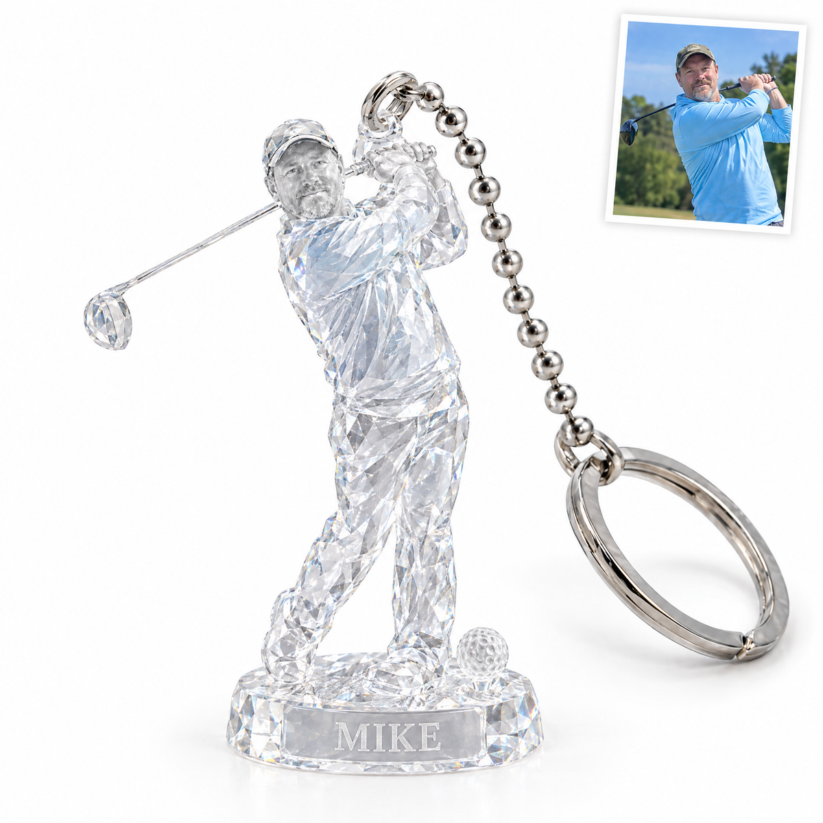 Crystal-style golf keychain, MIKE, customer photo top right