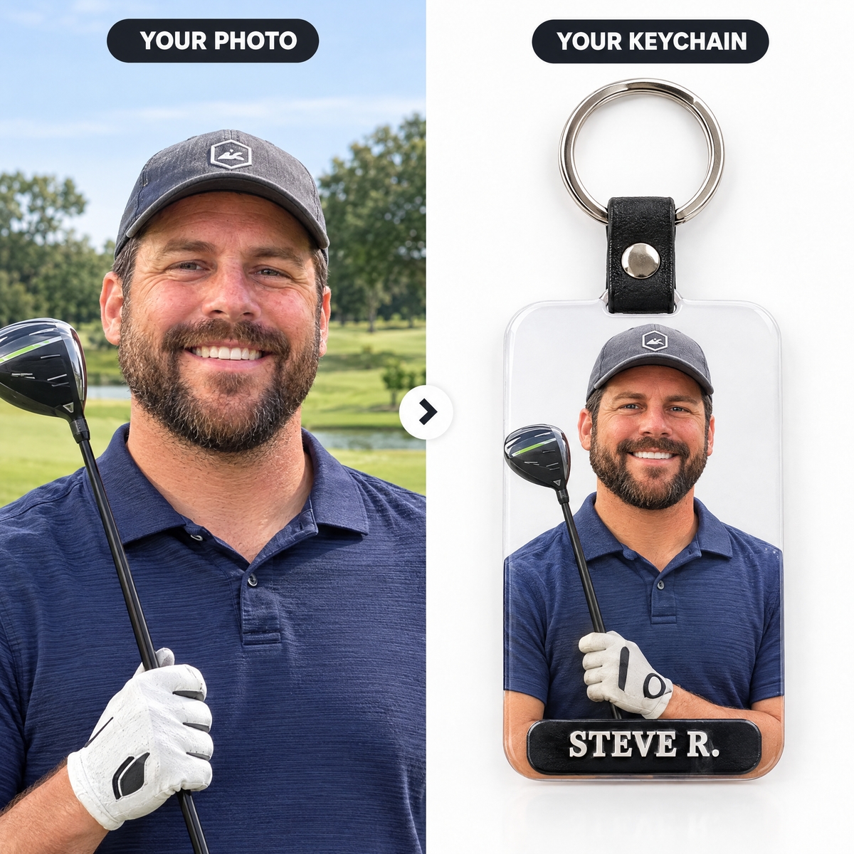 Customer photo turned into golf bag tag keychain STEVE R.