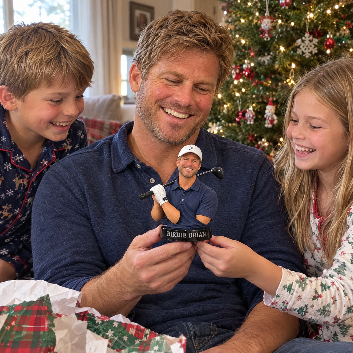 His kids give him the golfer figurine on Christmas morning by the tree