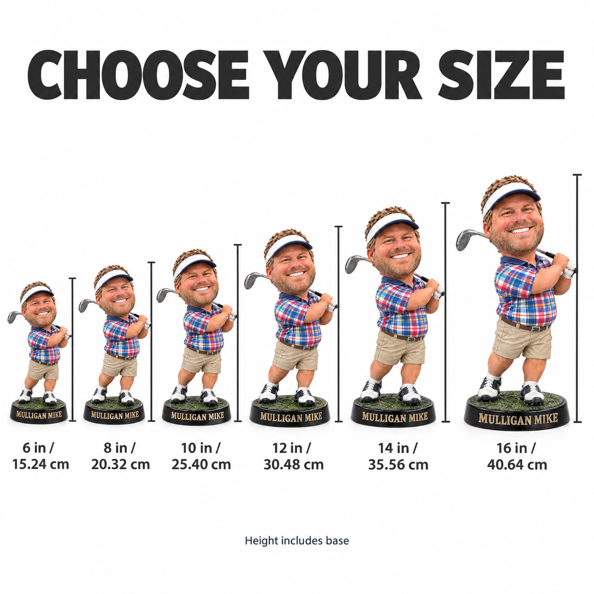 Funny big-head golfer figurine size chart