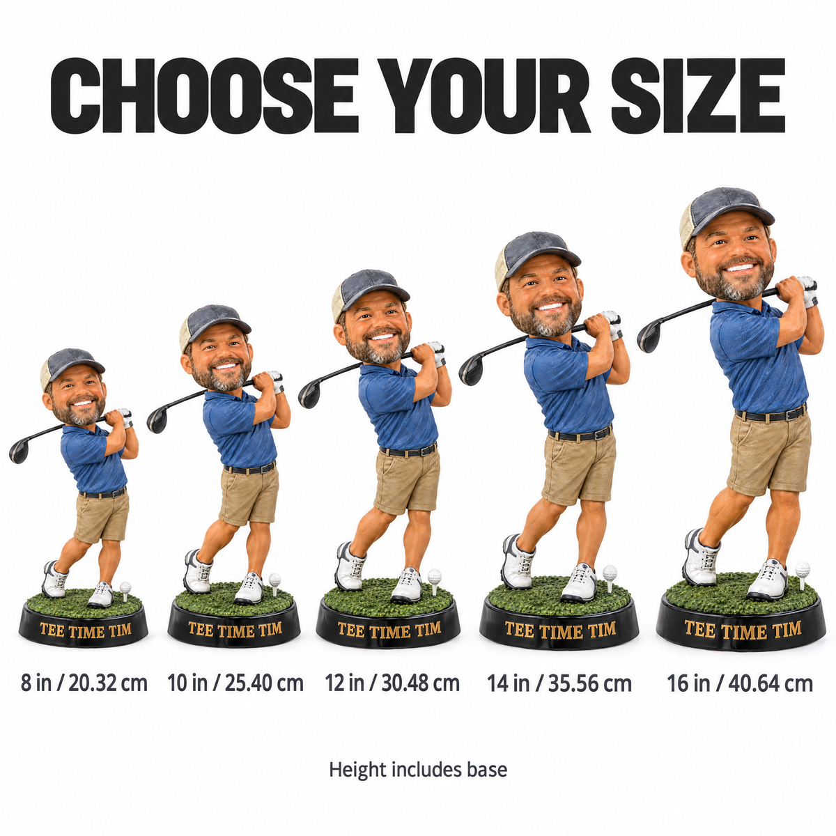 Caricature golf figurine size chart