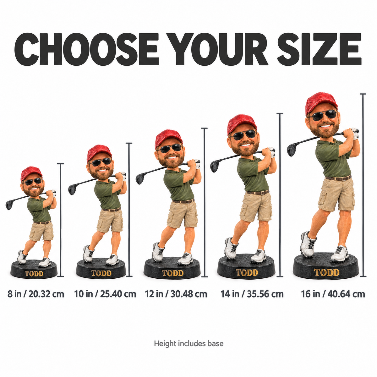 Cartoon golfer figurine size chart