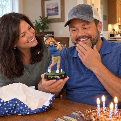 His wife surprises him with the caricature golf figurine at dinner on his birthday