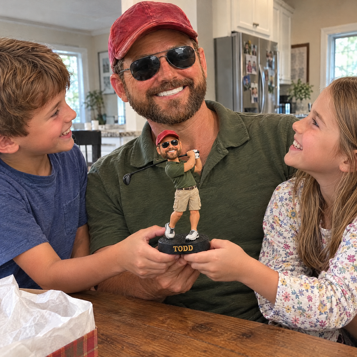 His kids give him the cartoon golfer figurine at the kitchen table