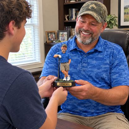 His son gives him the realistic golfer figurine in his home office