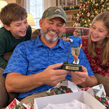 Grandpa opens the realistic golfer figurine from his grandkids at Christmas