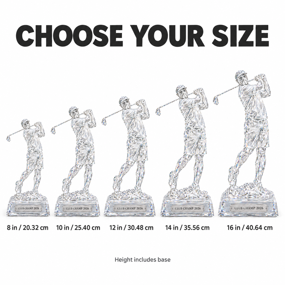 Crystal-style golf statue size chart