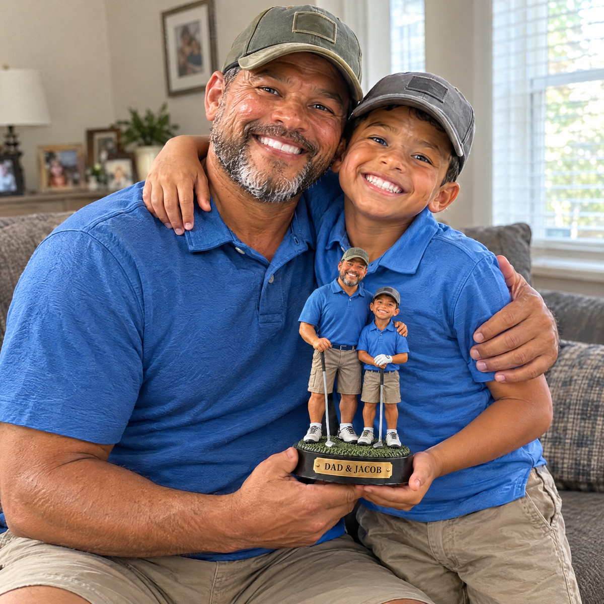 The son gives his dad the father and son golf figurine on Father's Day