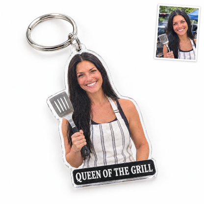 Acrylic keychain: Tailgate grill master figurine, QUEEN OF THE GRILL