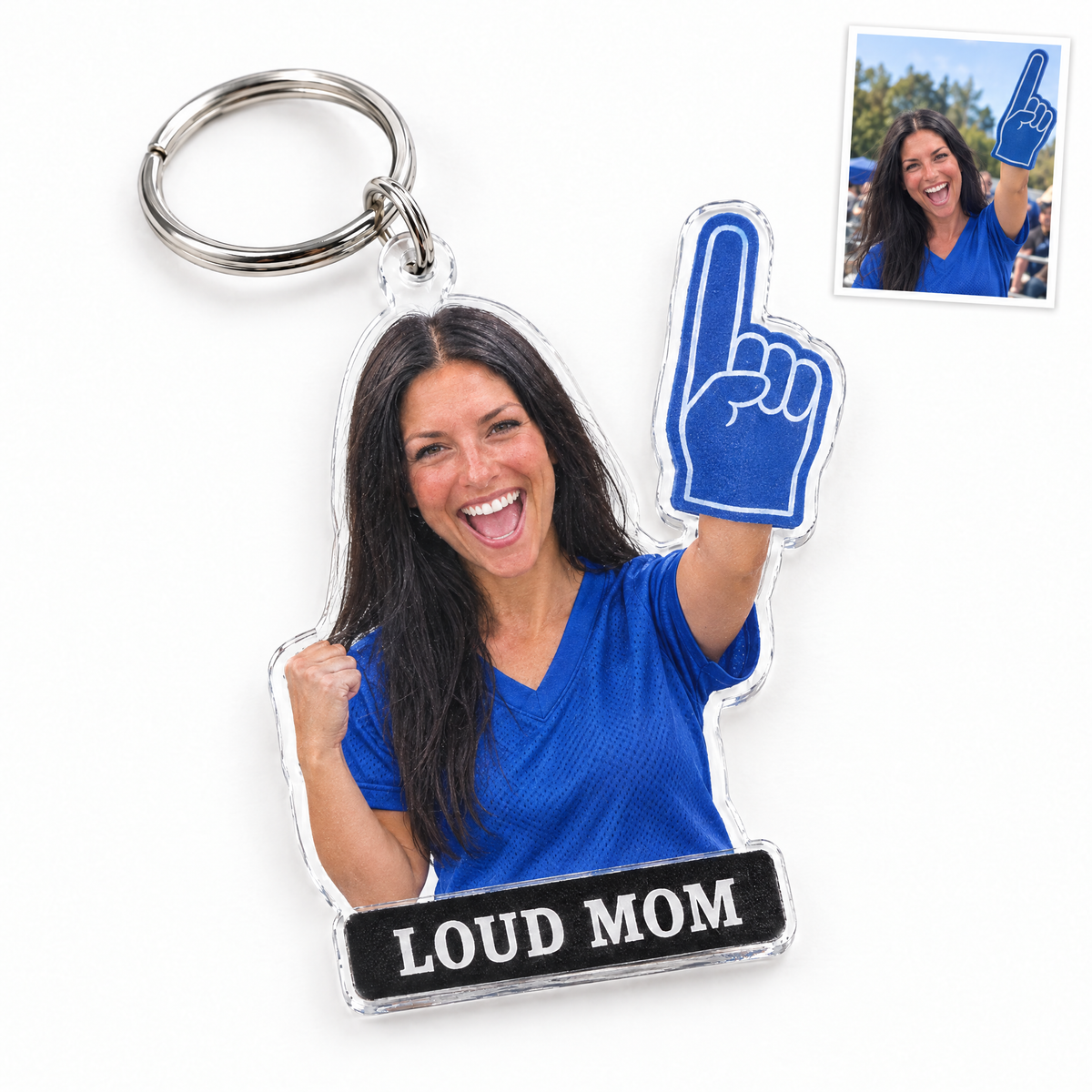 Acrylic keychain: Funny big-head football dad figurine, LOUD MOM