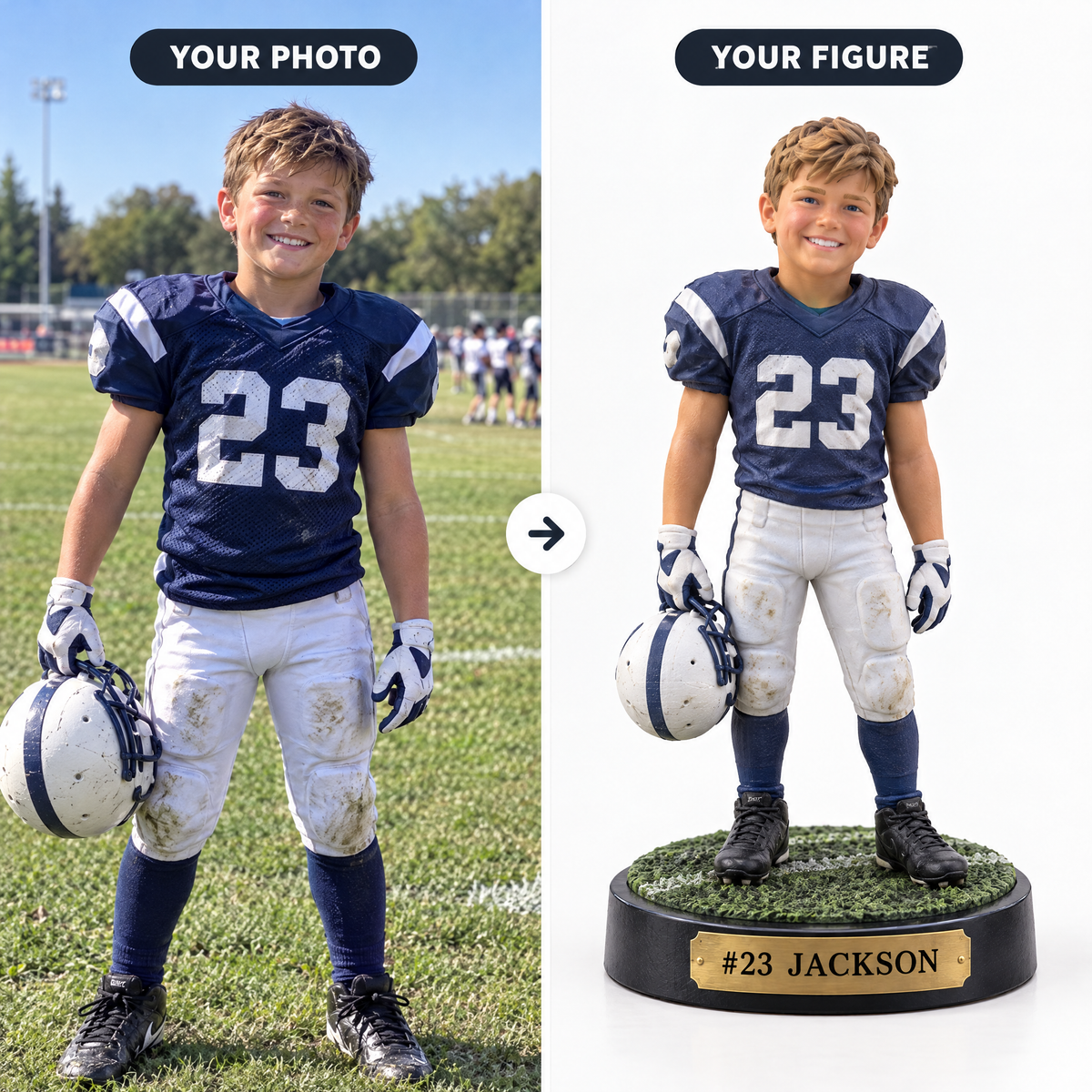 Customer photo turned into youth football player figurine #23 JACKSON