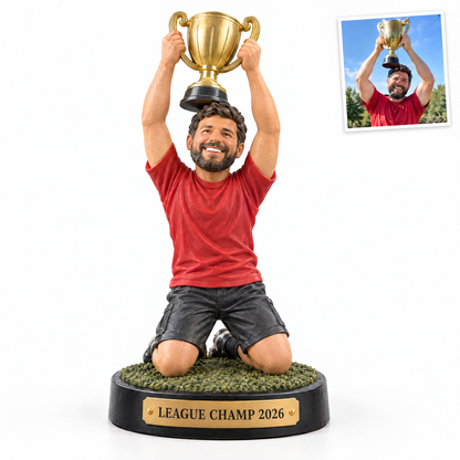 Fantasy football champion trophy figurine, LEAGUE CHAMP 2026, customer photo top right