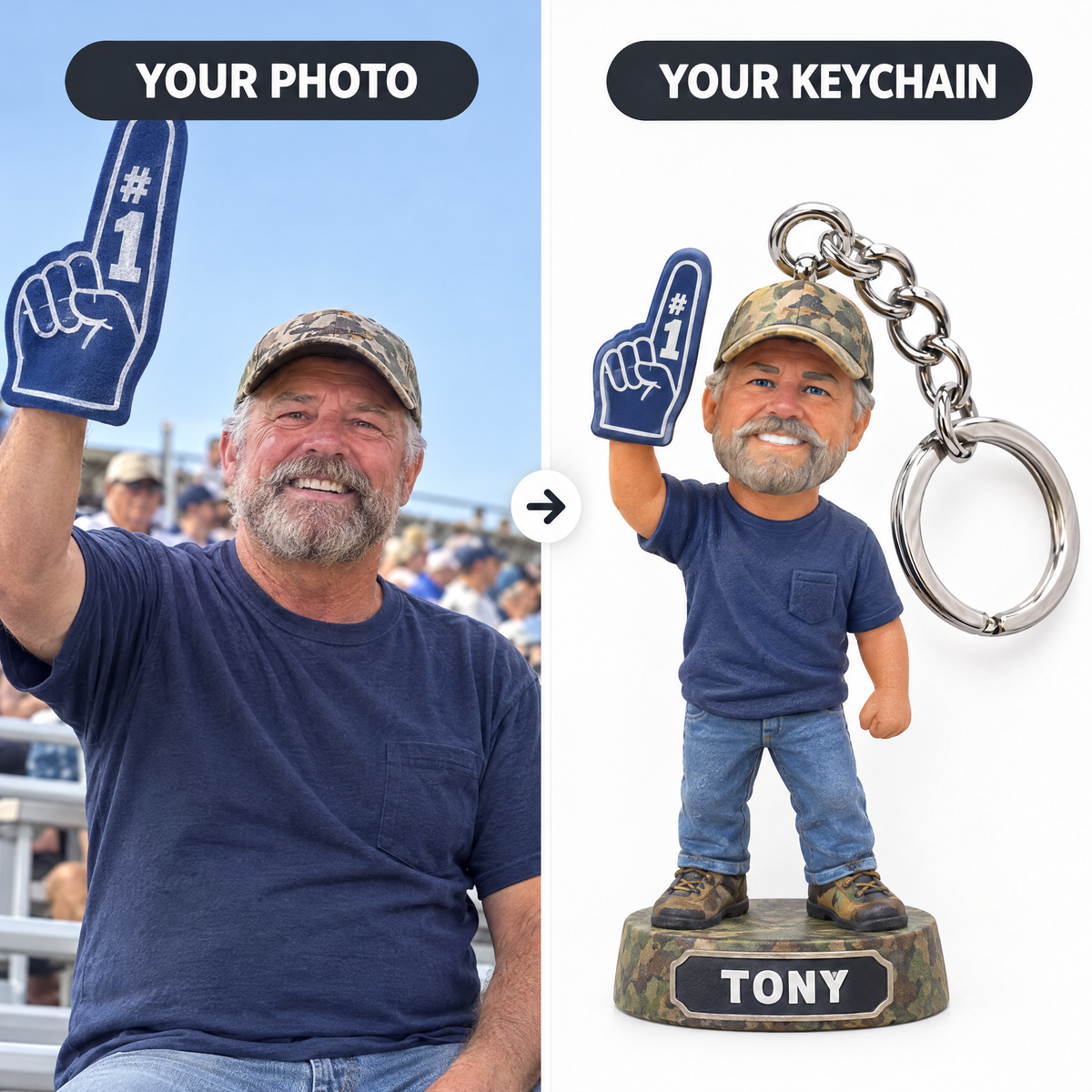 Customer photo turned into football fan keychain TONY