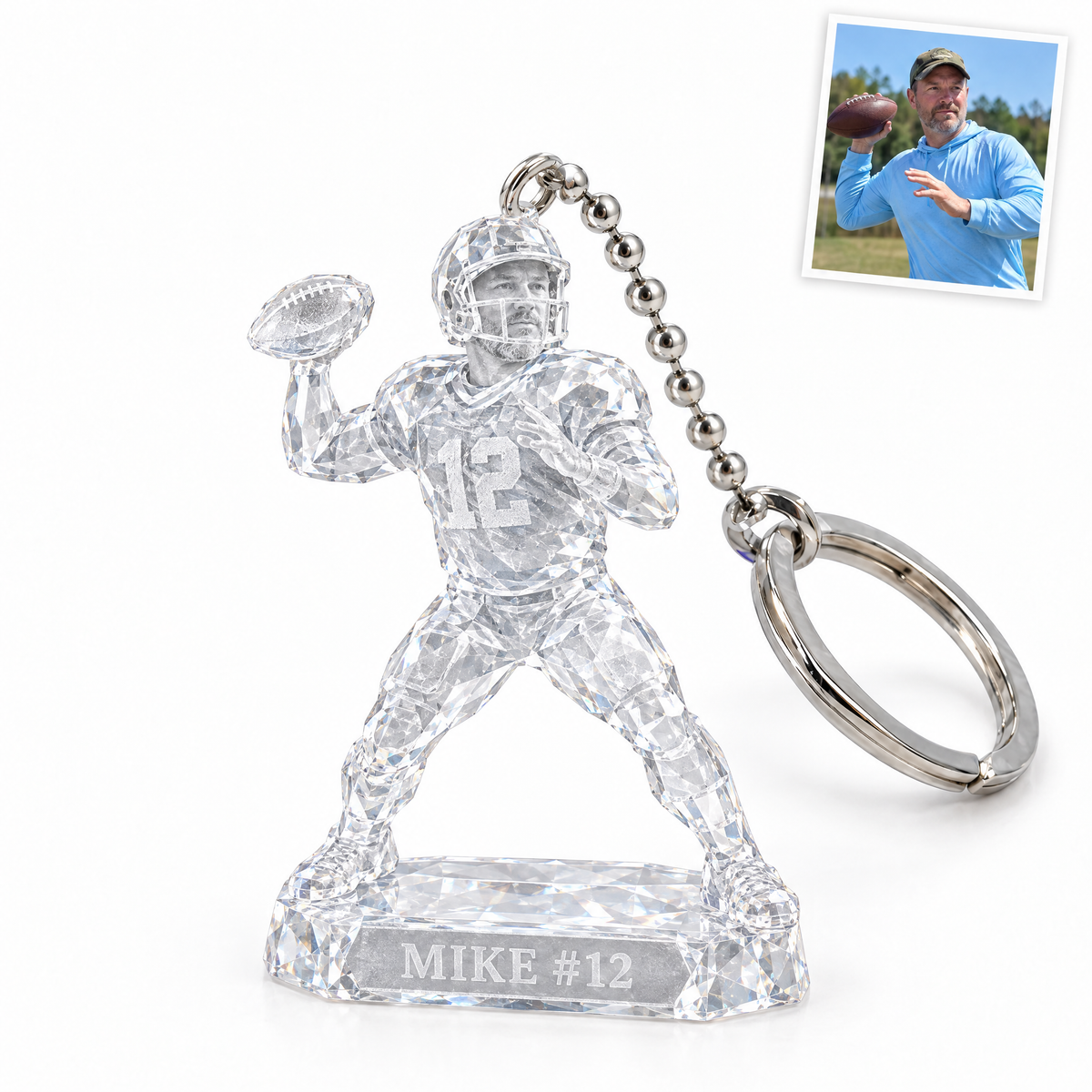 Crystal-style football keychain, MIKE #12, customer photo top right