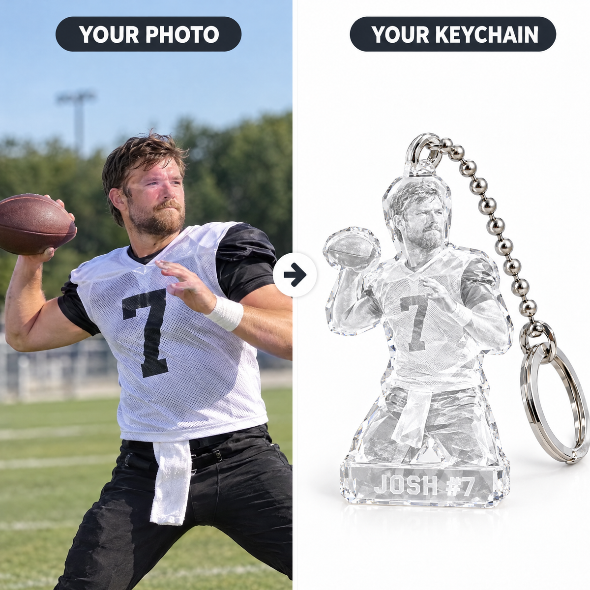 Customer photo turned into crystal-style football keychain JOSH #7