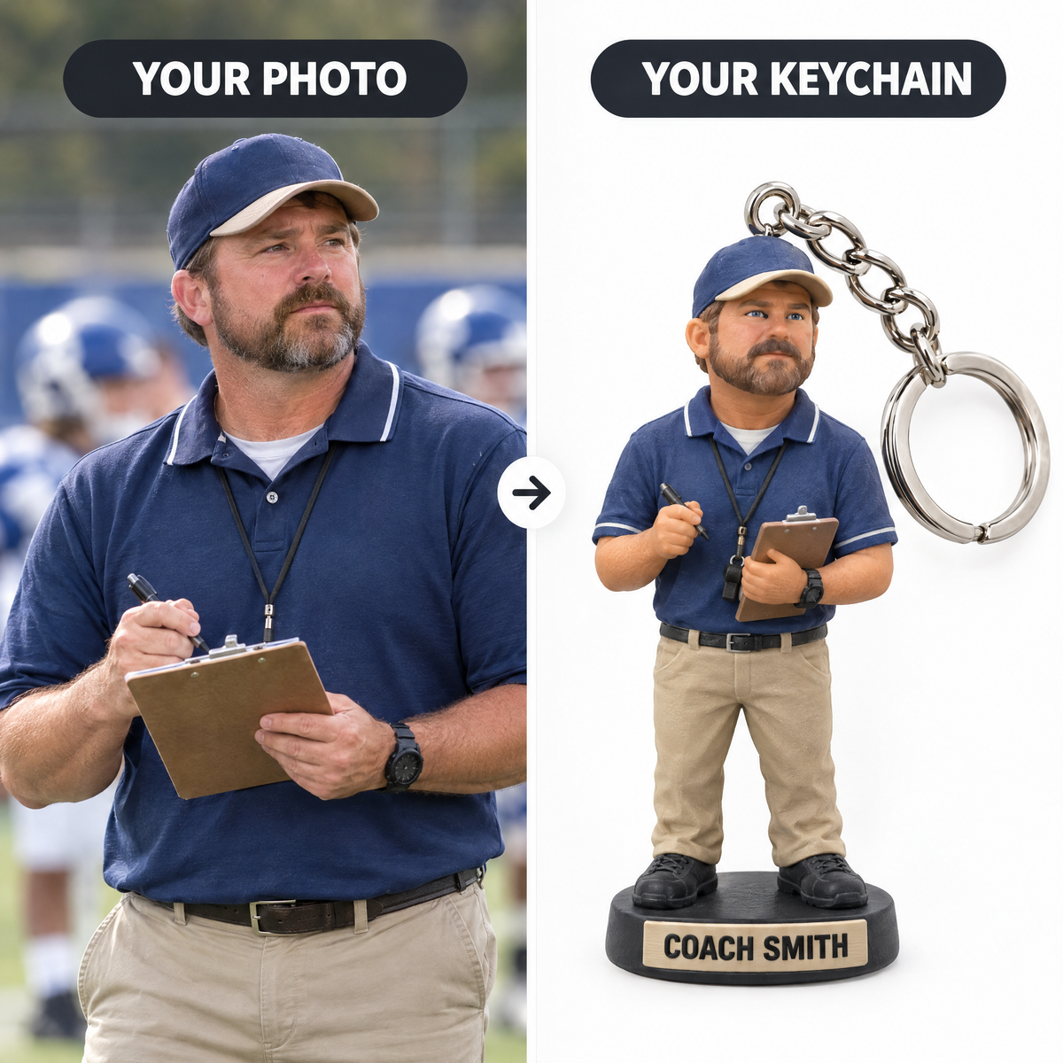 Customer photo turned into football coach keychain COACH SMITH
