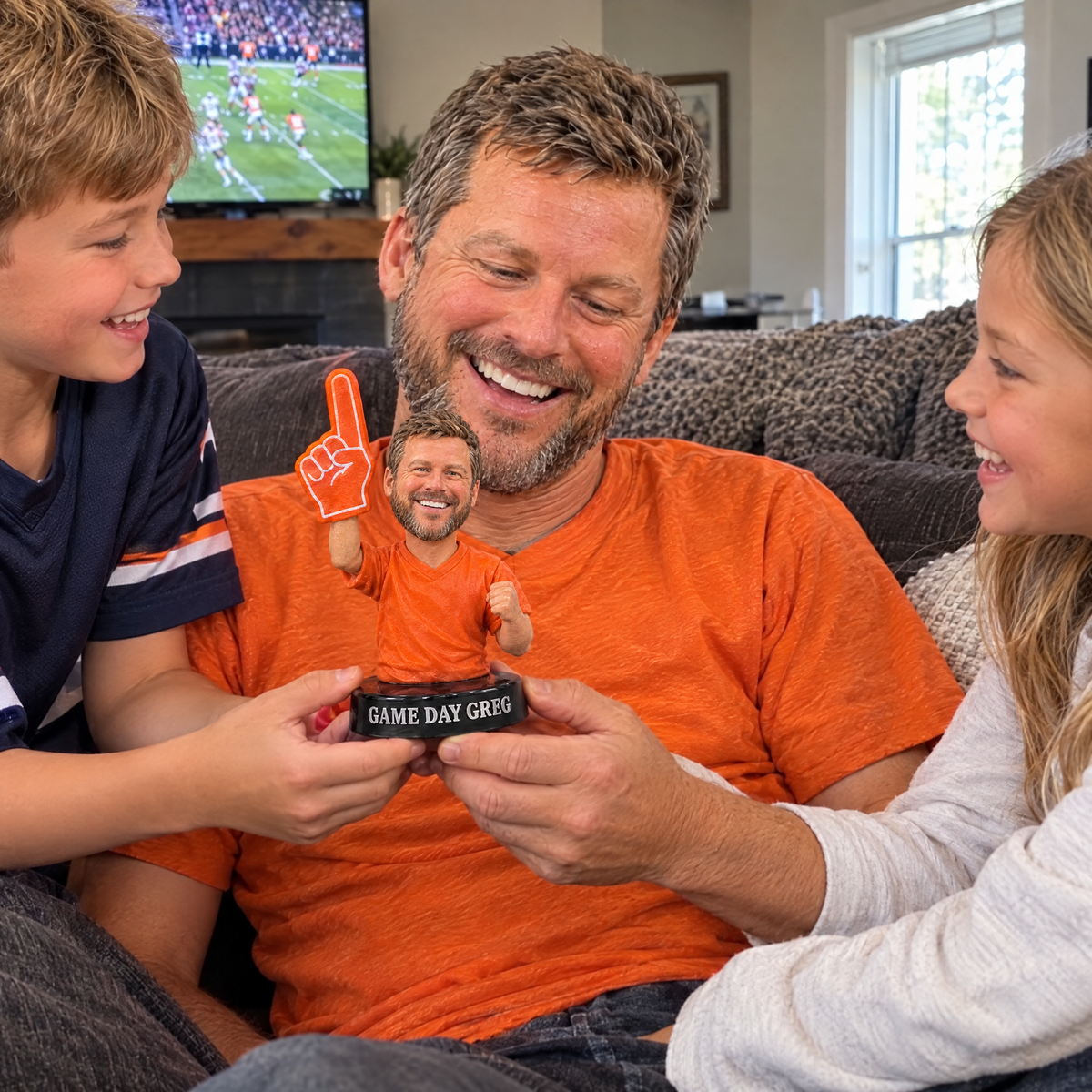 His kids give him the football fan figurine on game day Sunday on the couch